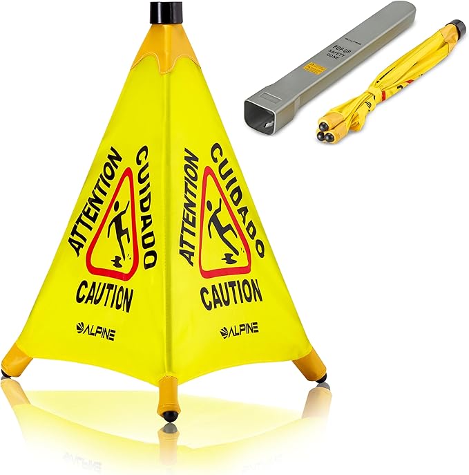 Alpine Caution Wet Floor Sign 3 Pack - Pop Up Slippery When Wet Sign, Wall Mounted Foldable Bilingual Yellow Safety Warning Caution Cone for Commercial & Office Use (20 Inches)