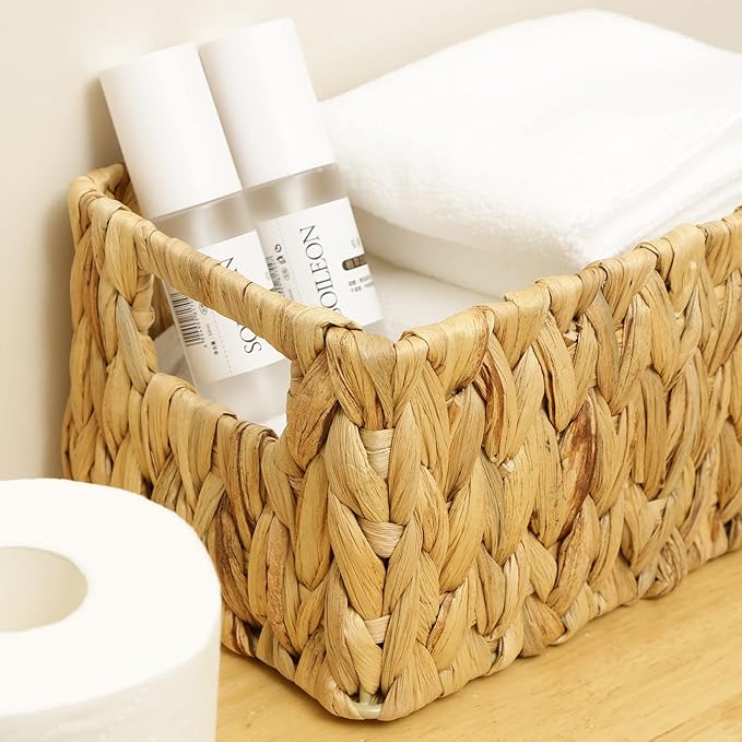 HOONEX Water Hyacinth Storage Baskets, Wicker Baskets for Storage, Hand Woven Baskets with Carry Handles, Set of 2, Natural