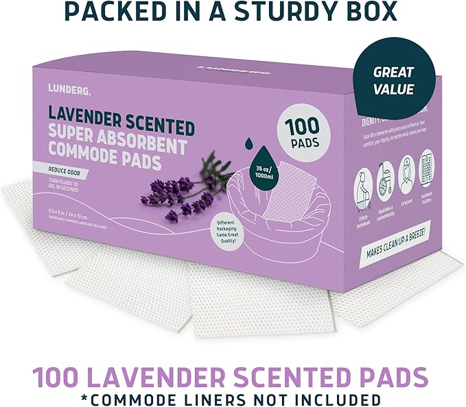 Lunderg Lavender Scented Super Absorbent Commode Pads - Medical Grade Value Pack 100 Count - for Disposable Bedside Commode Liners, Adult Chairs, Portable Buckets & Camping Toilet Bags - Light Scent