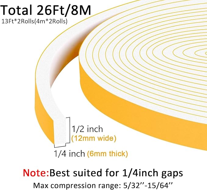 Strong Adhesive Weather Stripping, High Density Weatherproof Weather Stripping Door Seal Strip for Sliding Door, Windows,Noise-Reduction Foam Sealing Strip, White(1/2 in x 1/4 in x 26Ft)