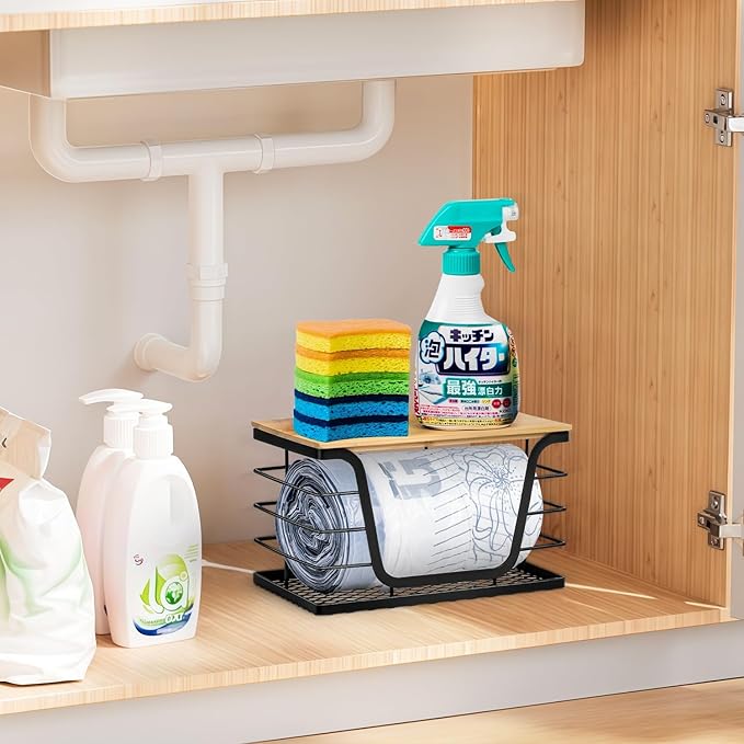 Wetheny Trash Bag Holder with Bamboo Top and Mesh Bottom, Stackable Garbage Bag Holder Dispenser Under Sink, Wall Mounted Storage for Kitchen Laundry Organizers, Black