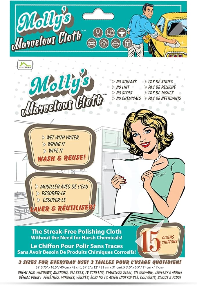 Molly's Marvelous Cloth, Streak-Free, Lint-Free Microfiber Cleaning Cloth, Polishing Cloth for Glass, Stainless Steel, Use for Kitchen, Bath, Cars, Detailing, Reusable (15.75" by 16") (15pk, White)