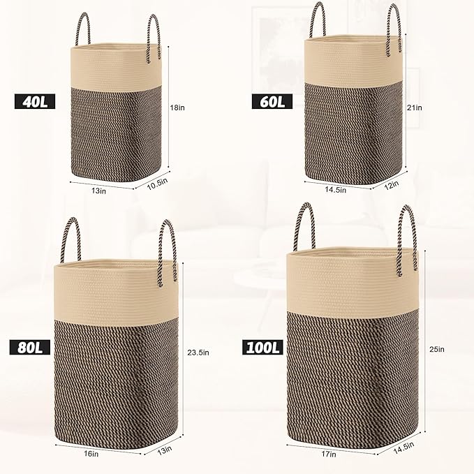 Laundry Basket,Woven Cotton Rope Laundry Hamper,Versatile Storage for Dirty Clothes,Baby Toys,and Blankets in Bathroom, Nursery,and Living Room (Jute, 80L)