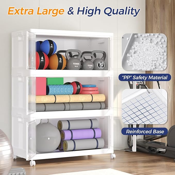 800Qt Stackable Storage Bins with Lid and Wheels, 200Gal Plastic Closet Organizer and Storage Drawer, Large Collapsible Storages Box Cabinet with Clear Door for Home Kitchen, 4Pack White