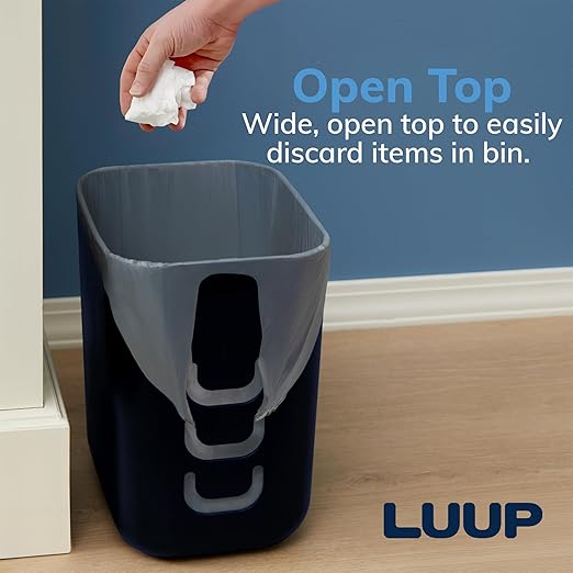 STORi Luup Bathroom Wastebasket, Secure Grocery Bags, Plastic Garbage Container for Vanity, Laundry Room, Kitchen, Office, 2.5 Gallon, Navy, Made in USA
