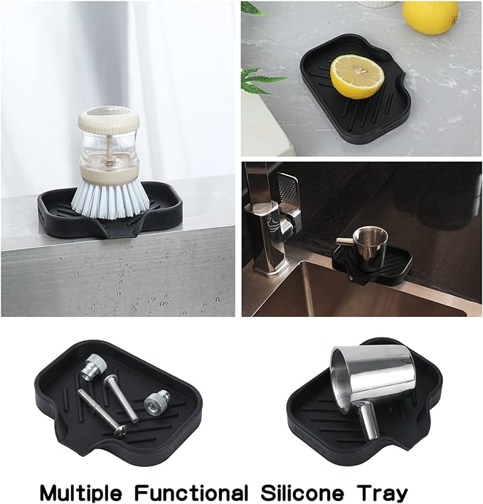 Silicone Bathroom Soap Dishes with Drain Spout-Bathroom and Kitchen Sink Organizer,Sponge Holder,Dish Soap Tray,Perfect for Dispenser,Scrubber,Bottle,Cup on Sink or Counter-Black 4.9"×3.2"