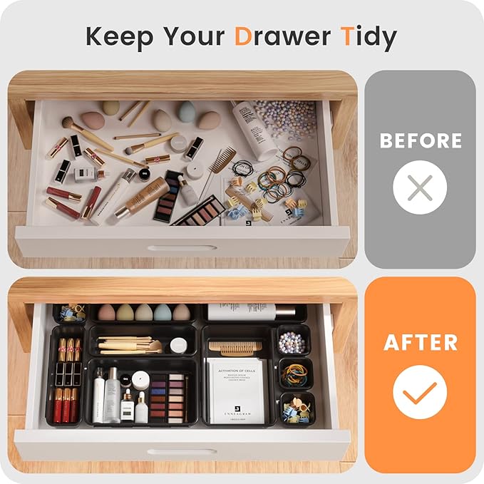 A-LuGei 【28PCS】 Drawer Organizer, Bathroom Organizers and Storage, Makeup organizer, Desk drawer organizer, Storage Bins for Kitchen Office Bedroom Vanity Jewelry Pantry Garage【Black】【4Size】