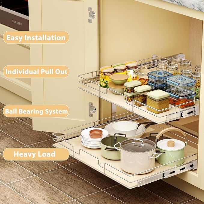 ROOMTEC 2 Tier Individual Pull Out Cabinet Organizer 25½"W x 21½"D, Slide Out Wood Shelves Organizers, Pull Out Drawers Organization and Storage for Kitchen Cabinet