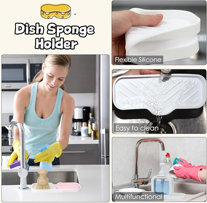 Silicone Bathroom Soap Dishes, Sponge Holder for Kitchen Sink, Shower Soap Holder with Drain, Soap Dispenser Tray, Soap Dish for Bottle, Cup, Sink or Counter Organizer - White 9" x 3.15"