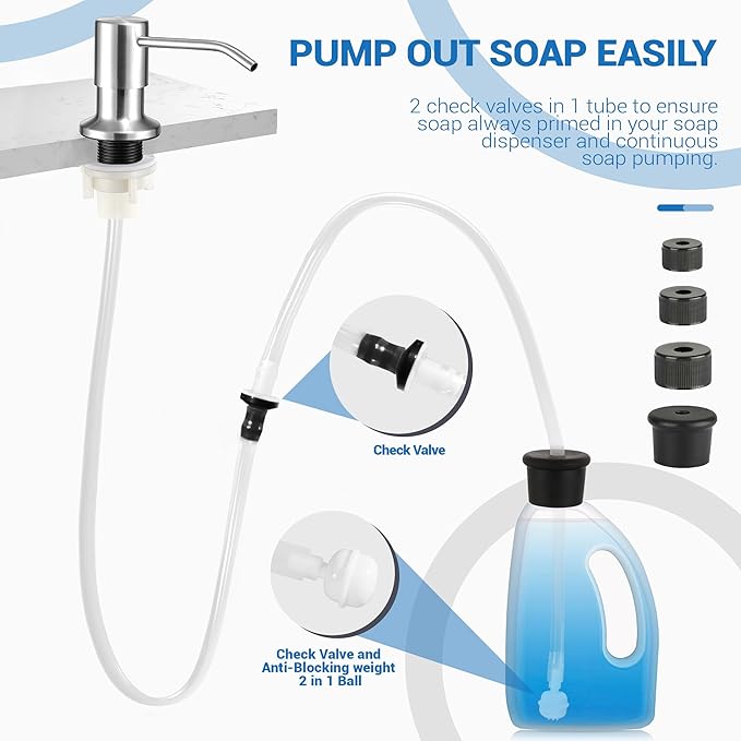 Yofidra Sink Soap Dispenser Extension Kit: Under Sink Dish Soap Dispenser with 47" Tube for Countertop Kitchen Sink Accessories, Sink Hose with Check Valve for Prevent Backflow 2PCS