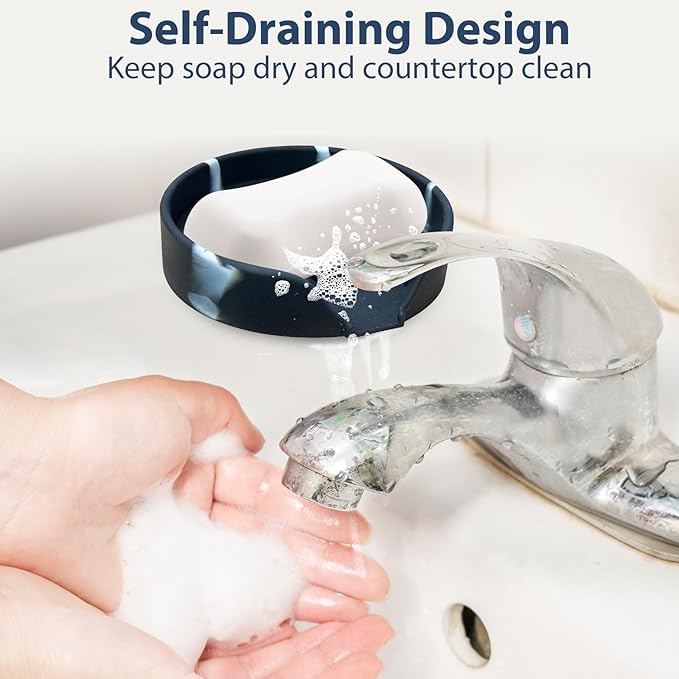 Self Draining Soap Dish, Silicone Suction Cup Soap Holder Tray Savers Container Sponge Holder for Bar Bathroom Shower Kitchen Sink, Can Extend Soap Life (2, Marble)