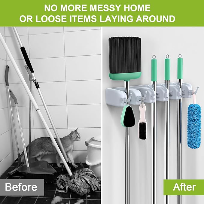 LETMY Broom Holder Wall Mounted - Mop and Broom Hanger Holder - Garage Storage Rack & Garden Tool Organizer - 5 Position 6 Hooks for Home, kitchen, Garden, Tools, Garage