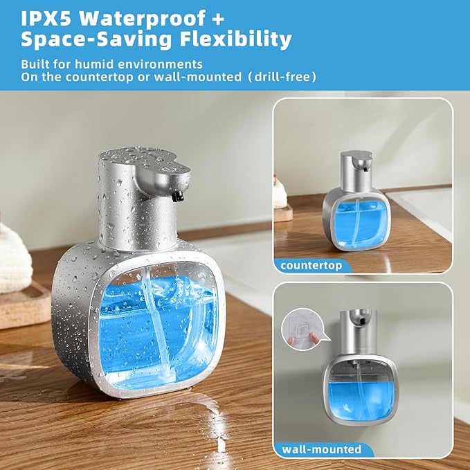 Automatic Liquid Soap Dispenser, 17oz/500ml Touchless Rechargeable with 4-Level Adjustable & IPX5 Waterproof - Level Display for Wall/Tabletop Use in Bathroom, Kitchen, Silver