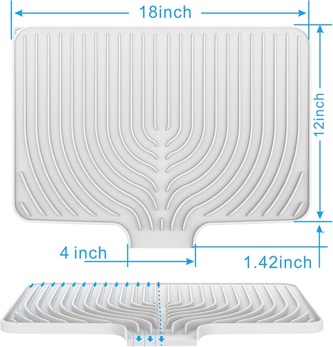 Dish Drying Matt for Kitchen Counter,18"×12"Silicone Dry Rack Mat with Built in Drain, Kitchen Dry Mats for Dishes Drying Pad for Counter(White)