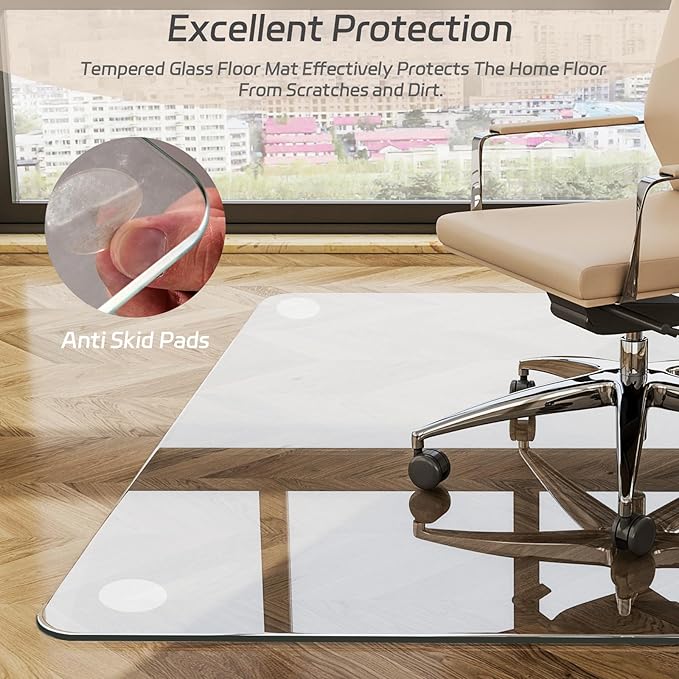 GLSLAND 36"x55" Tempered Glass Chair Mat Rectangle Heavy-Duty Floor Protector for Carpet & Hard Floors Scratch-Resistant Office Computer Desk Mat 1/5" Clear