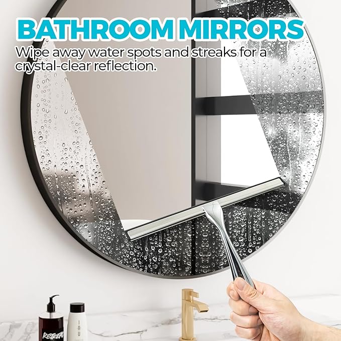 2PACK All-Purpose Shower Squeegee for Shower Doors, Tile Shower Walls, Bathroom, Window, Glass and Car Windshield, Mirrors and Kitchen-Stainless Steel, 9.8-Inch, Silver