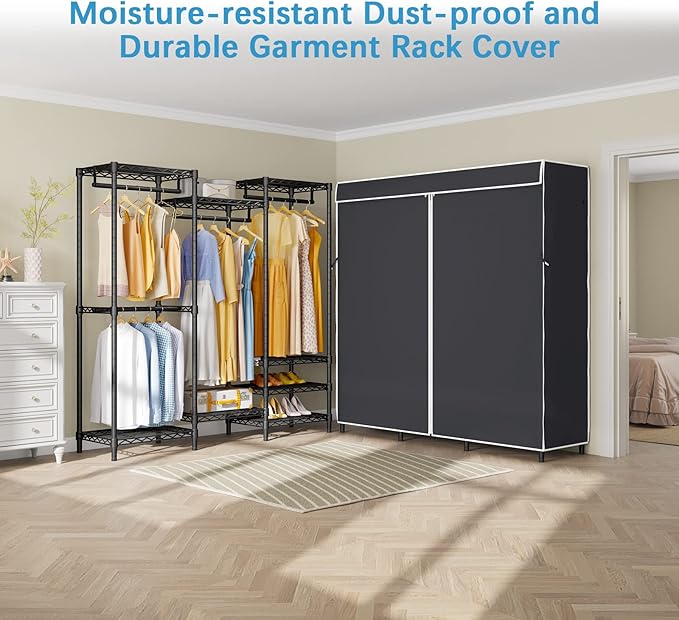 VIPEK V5C Covered Clothes Rack Heavy Duty Portable Closet Wardrobe, Freestanding Black Metal Clothing Rack with Black Dustproof Cover, Adjustable Custom Closet Rack, 57.9"L x 17.3"W x 76.4"H (Medium)