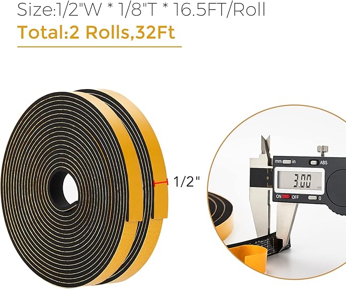 32 Feet Weather Stripping Door Seal, 1/2" Wide X 1/8" Thick Door Seal Strip High Density Foam Tape Adhesive Strip for Door Soundproofing,Window Insulation (1/2" x 1/8" x 32FT,Black)