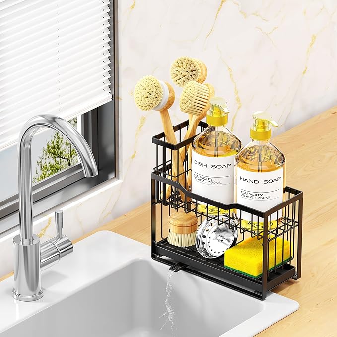 2-Tier Kitchen Sink Caddy with High Brush Holder&Self-Draining Tray,Rustproof&Non-Slip Sink Sponge Holder,Kitchen Countertop Storage Organizer,Soap Dispenser Storage - Black