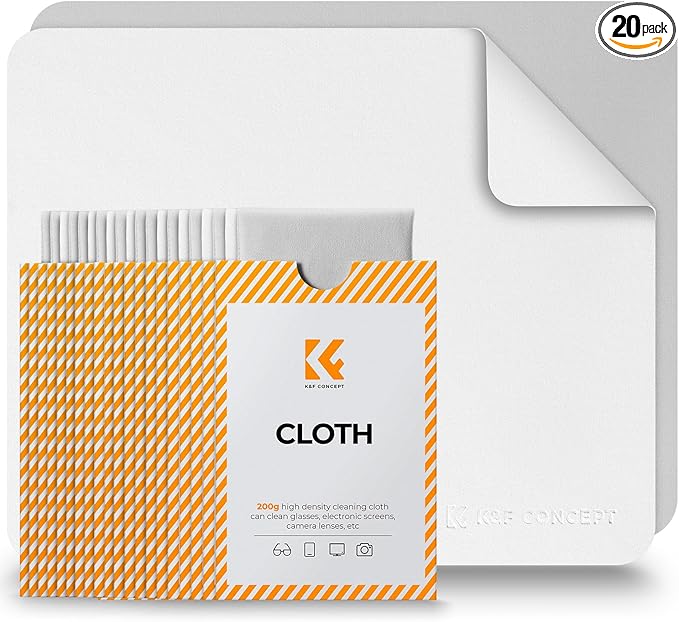 K&F Concept 20 Pack Lens Cleaning Cloth | Microfiber Cleaning Cloth | Camera Lens Cleaner | Camera Lens, Glasses, VR/AR Headset, and Screen Cleaning | White & Grey