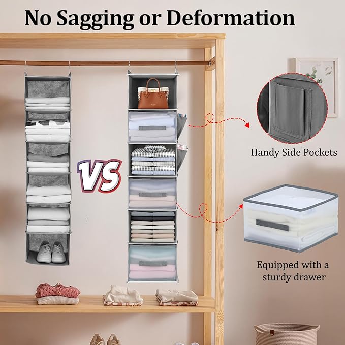 6-Tier Hanging Closet Organizer with Drawers and Side Pockets – Versatile Closet Storage for Shoes, Hats, Belts, and Purses