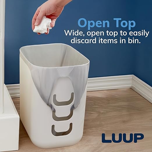 STORi Luup Bathroom Wastebasket, Secure Grocery Bags, Plastic Garbage Container for Vanity, Laundry Room, Kitchen, Office, 2.5 Gallon, White, Made in USA