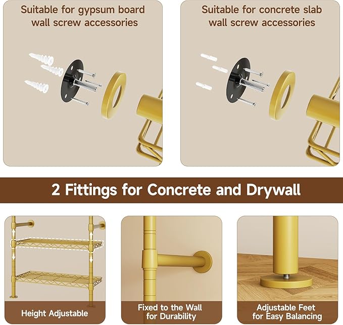 ONBRILL H3 Wall Mounted Closet System, Expandable Industrial Pipe Clothes Rack Clothing Rack for Hanging Clothes, Heavy Duty Closet Organizers and Storage in Wardrobe Closet, Gold