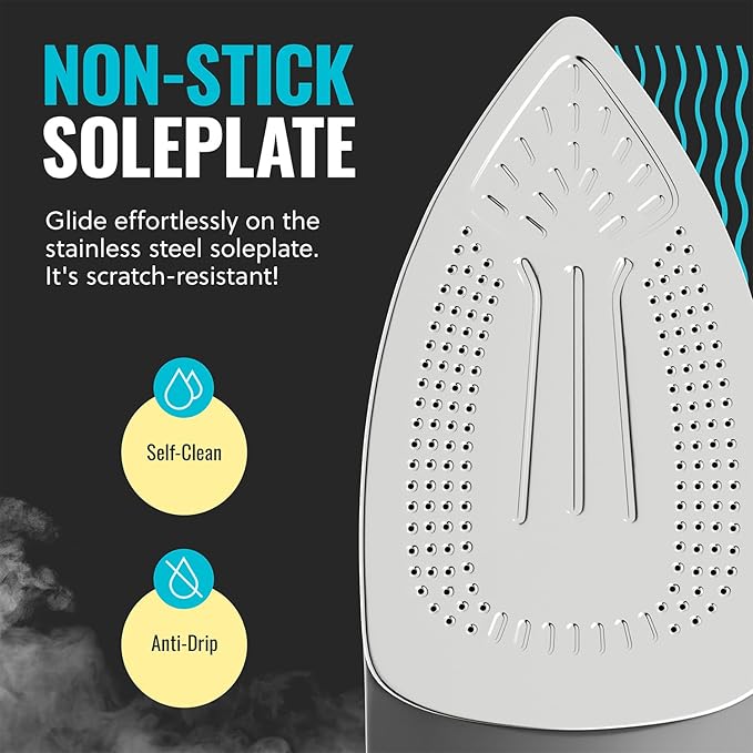 Pursteam Steam Iron for Clothes 1700W with Self-Cleaning Nonstick Stainless Steel Soleplate, Auto Shutoff, Anti-Drip