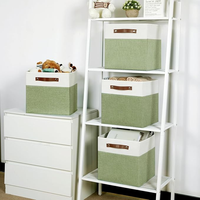 Temary 12 Inch Fabric Storage Cubes Storage Bins with Leather Handles, 4 Pack Cube Baskets Bins for Organizing Closet, Foldable Cloth Baskets for Shelves (White&Green)