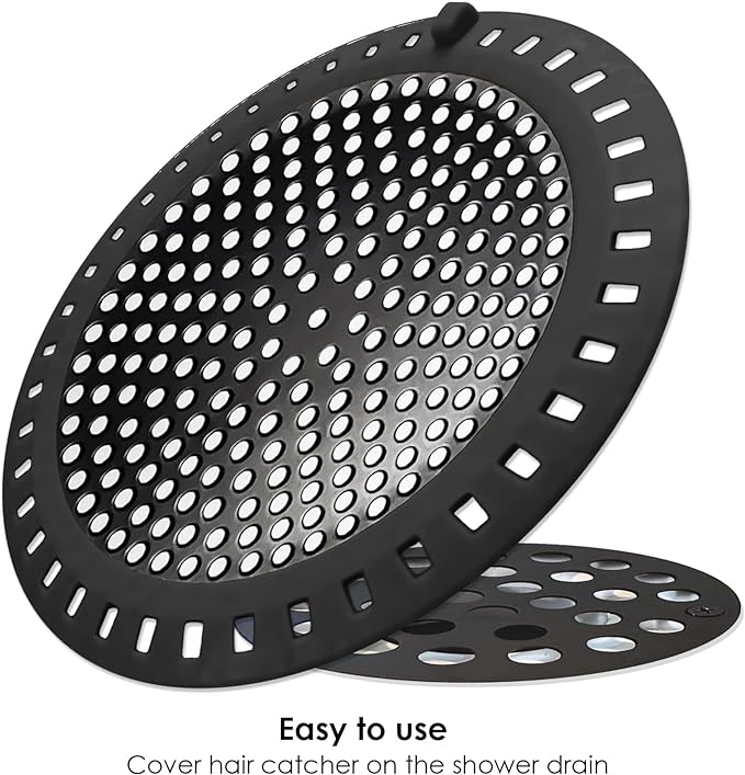 2PCS Shower Hair Drain Catcher/Strainer/Cover/Filter/Trap, Hair Stopper Floor Drain, Stainless Steel with Silicone Edge Drain Protector, Black, 4.75 Inch Diameter