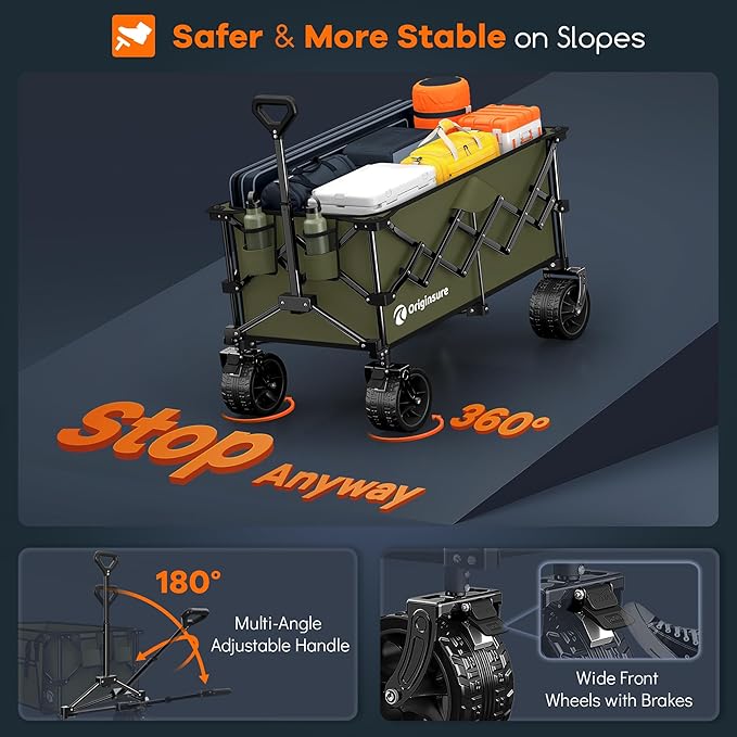 220L Collapsible Wagon Cart Foldable, 460lbs Load Capacity Heavy Duty Folding Beach Wagons with Big All-Terrain Wheels, Utility Carts for Groceries, Shopping, Camping, Sports - Green