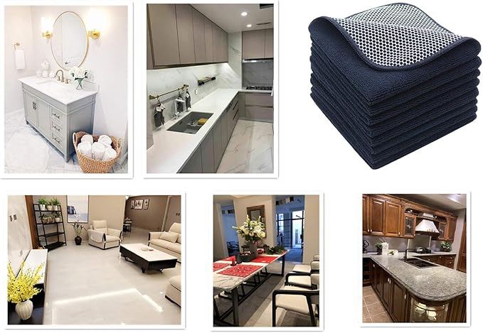Microfiber Dish Cloths Fast Drying Kitchen Cleaning Cloth Dish Rags Dust Cloths Ultra Absorbent Lint Free Washcloths with Poly Scrub Side 12inch x 12inch 8 Pack (Black)