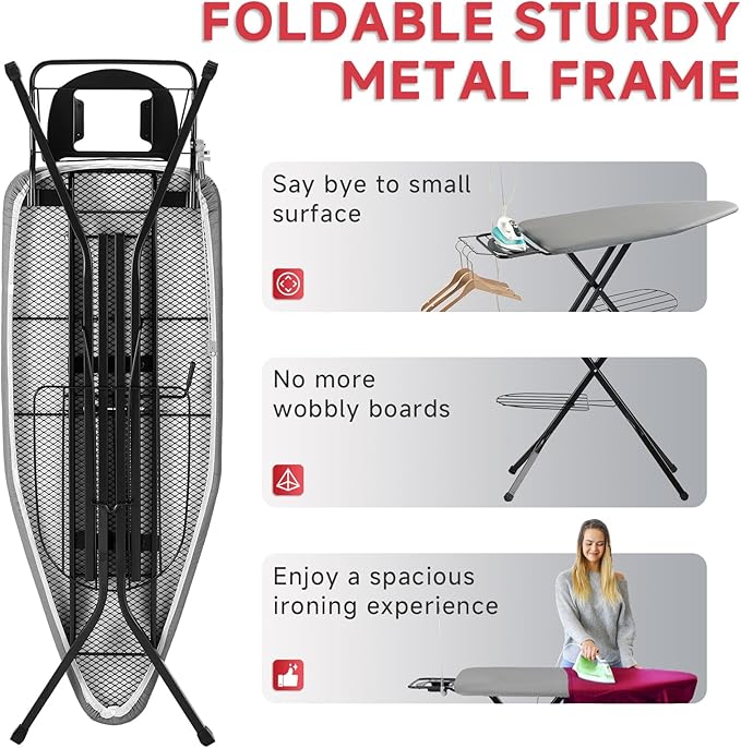 Extra Wide Full Size Ironing Board 57" L X18 W, Multifunctional Sturdy Ironing Board with Iron Rest, Foldable Adjustable Iron Board with Heat Resistant Cover, Enhanced Stability, Black Grey.