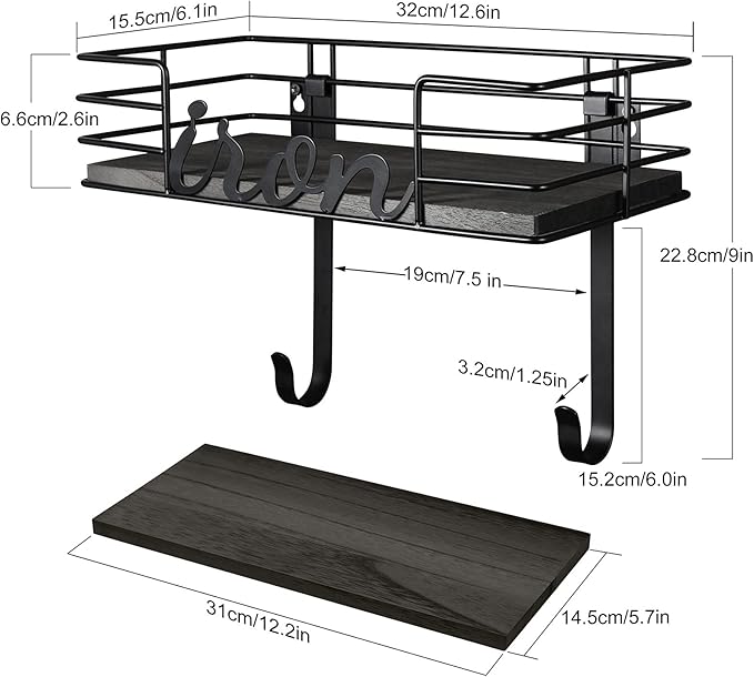 TJ.MOREE Ironing Board Hanger Wall Mount - Laundry Room Iron and Ironing Board Holder, Metal Wall Mount with Large Storage Black Wooden Base Basket and Removable Hook(Black)