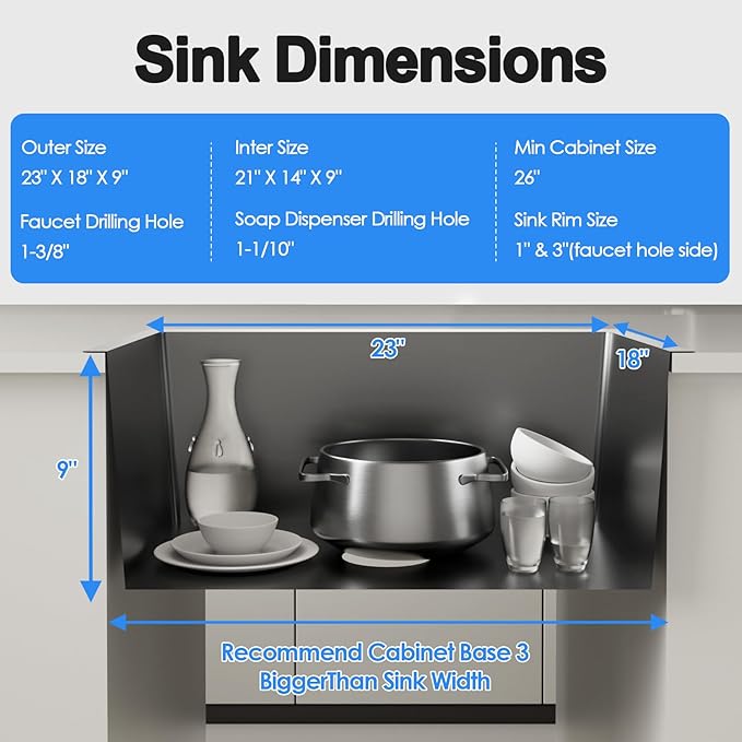 23x18 Inch Kitchen Sink, Handmade 304 Stainless Steel Sink, 9" Deep Single Bowl with Brushed Finish, Topmount with 2 Holes, R10 Tight Corner, for Modern Kitchen/RV/Outdoor Sink