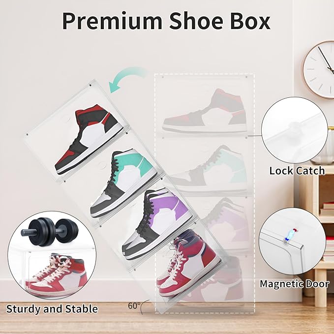 Large Shoe Boxes Clear Plastic Stackable, 8 Pack Drop Side Shoe Storage Organizer with Magnetic Door, Shoe Container Sneaker Storage Display Case Fit up to US Size 13 CLEAR
