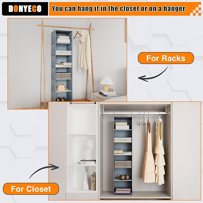 Hanging Closet Organizer and Storage 6-Shelf, Easy Mount Foldable Hanging Closet Wardrobe Shelves, Clothes Handbag Shoes Accessories Storage, Washable Oxford Cloth Fabric, Grey