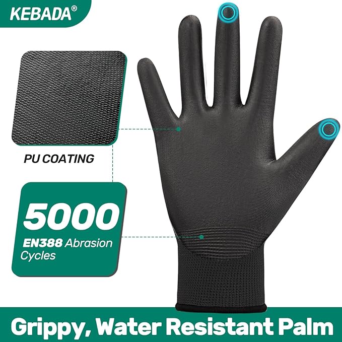 Kebada Safety Work Gloves,120 Pairs Bulk Pack, Touchscreen, PU Coated, Ideal for Warehouse, Construction, Gardening and Mechanics, Black, X-Large