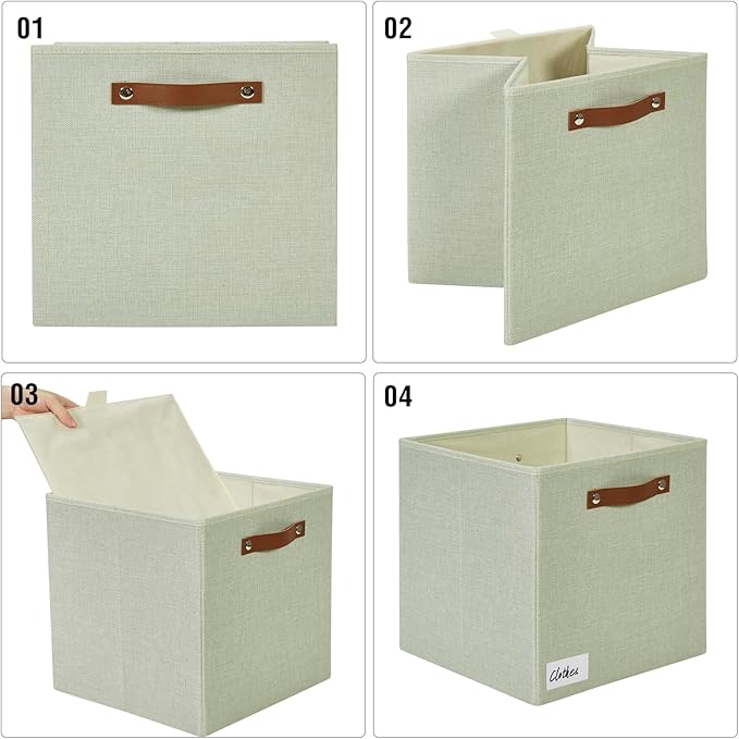 Collapsible Fabric Storage Cube Bins with 2 Reinforced PU Handles, Foldable Storage Organizer Baskets for Closet, Shelves, Living Room | 13"x13"x13", 4 Pack, Sage Green