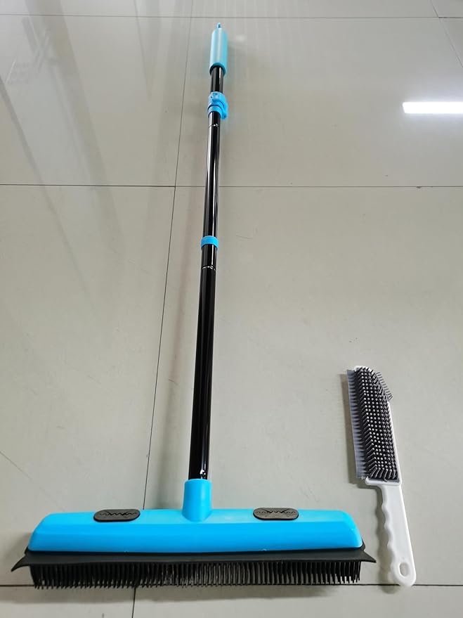 JEHONN Rubber Broom Carpet Rake Brush for Pet Hair with Squeegee, 52.8 inches Long Handle Silicone Fur Scraper Removal Tool with Detailing Lint Comb for Rug, Tile, Hardwood Floor Cleaning (Blue)