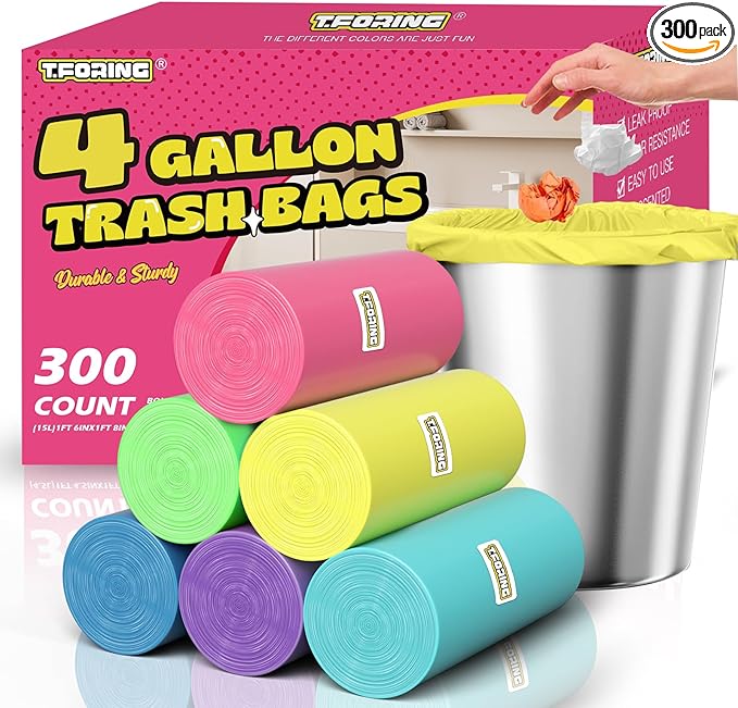300 Count 4 Gallon Small Trash Bags - 15 Liter Colored Garbage Bags Unscented Wastebasket Liners Heavy Duty & Leakproof Plastic Can Liners for Bathroom Office Bedroom Toilet Car