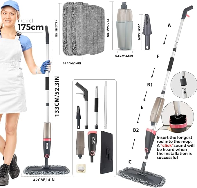 Microfiber Spray Mop for Floors Dry and Wet Mop with Dusting 360 Rotation for Kitchen, Hardwood, Laminate, Tile Floors Includes 4 Refill Heads, Scraper, Holder & Spray Bottle