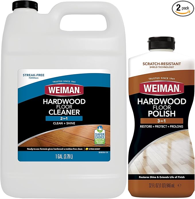 Weiman Hardwood Floor Cleaner and Polish - Cleans Vinyl Tile, Solid, Laminate, Natural Shine, No Residue, Removes Scratches, Leaves Protective Layer, 1 Gallon Mop Soap & 32 Oz Restorer