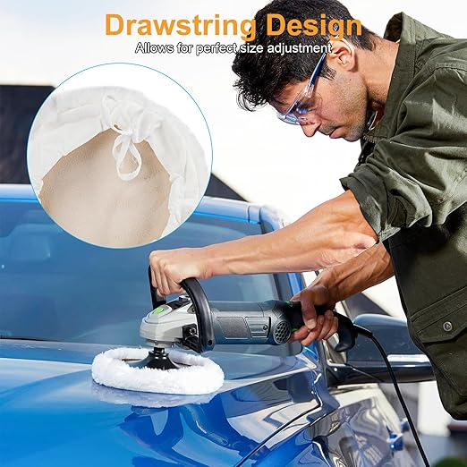 Linkstyle 6PCS 7 Inch Wool Buffing Pads Kit, Lambs Wool Polishing Bonnet Pads with Drawstring, Drill Buffer Polisher Attachment for Car Detailing, Furniture, Glass, Metal, DIY Polishing
