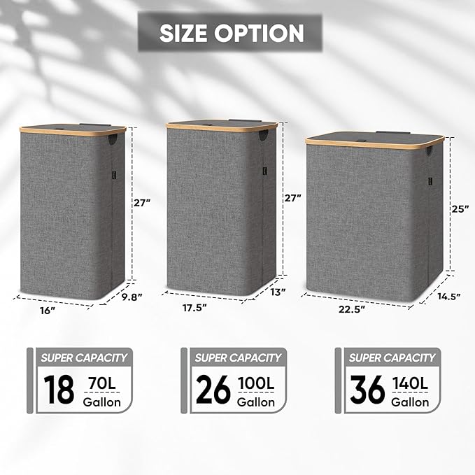 BALEINE Laundry Hamper with Lid, Tall Laundry Baskets with Bamboo Pull Handles, Large Laundry Bin with Internal Support (36 Gal/140L, Blue)
