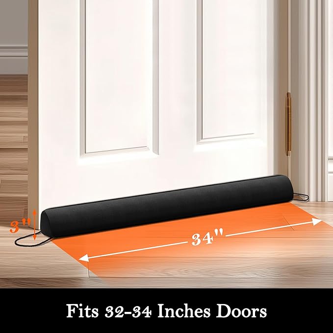 Sunolga 34" Door Draft Stopper Blocks Hot and Cold Air with Removable Washable Cover for Gaps Up to 3", All-Season Seal for Noise, Door Sweep for Bottom of Door and Window, Home Essentials, Black