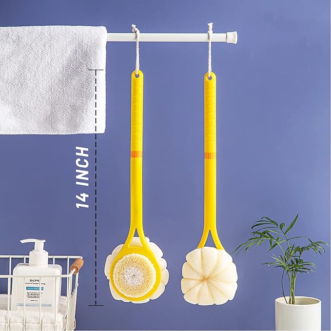 Shower Body Brush,Soft Bristles and Beautiful Pumpkin Loofah 14" Long Handle Back Scrubber Bath Mesh Sponge for Skin Exfoliating Bath,Massage Bristles Suitable for Wet or Dry,Men and Women (Yellow)