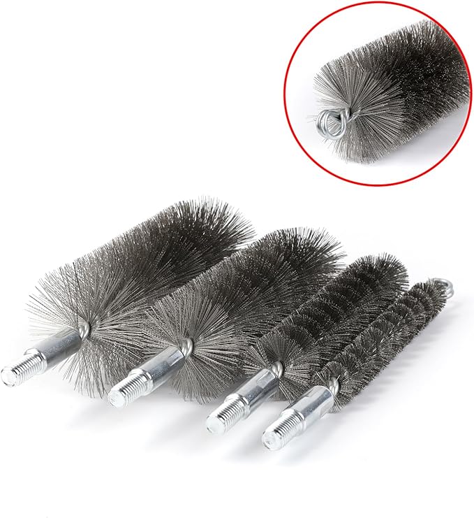 50 in Pipe Cleaning Brush Set with Stainless Steel Bristles, Wire Brush with 4pcs Galvanized Rod, Stainless Steel Pipe Brush 4pcs for Auto Parts, Bottles, Tubes. (3/5, 1, 1 3/5, 2 in Brush Heads)