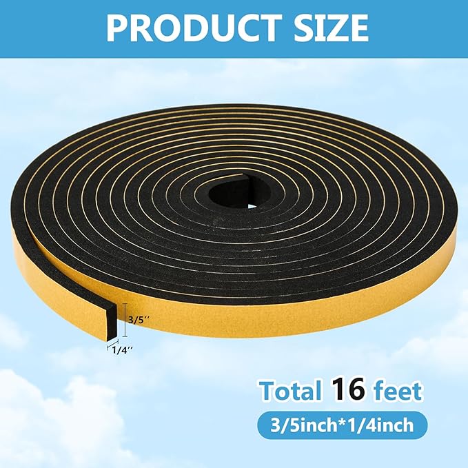 Black Weather Stripping Door Seal Strip (3/5 Inch X 1/4 Inch X 16Feet), Strong Adhesive, Lightproof, Soundproof, Weatherproof Foam Tape Insulation for Sliding Door, Front Door Frame, Windows