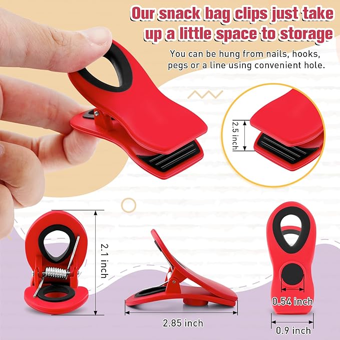 FINDMAG 12 Pack Chip Clips, Red Magnetic Bag Clip for Food Packages, Airtight Clips with Handle Durable Bag Sealers for Metal Surface, Garden, Fridge, Potatoes, Bread, Kitchen
